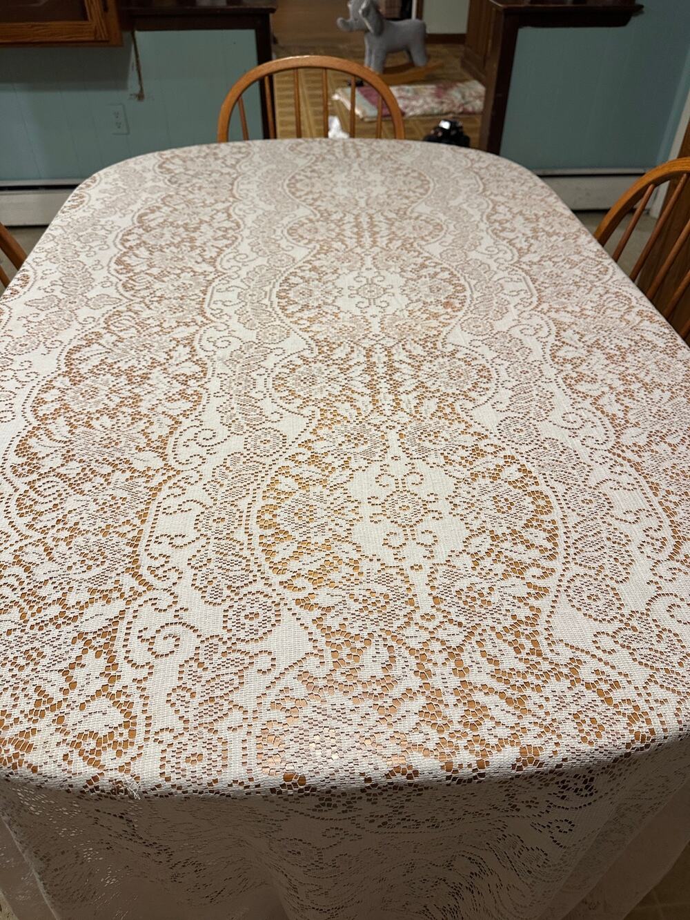 Extra Large Cream Lace Tablecloth Baroque Oval Oblong Flaws 124x65